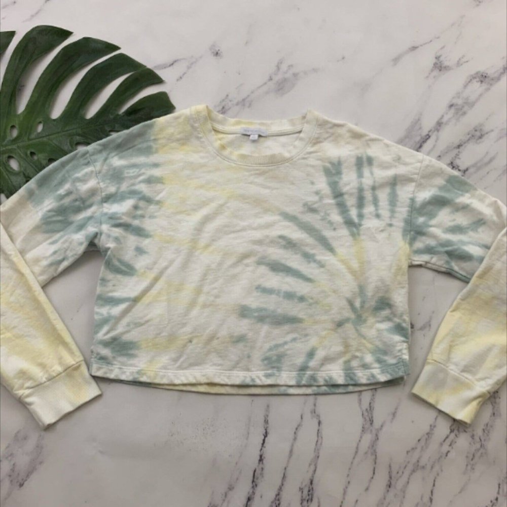 Beyond Yoga Weekend Boxy Crop Pullover Sweatshirt Top Size M White Blue Tie Dye
